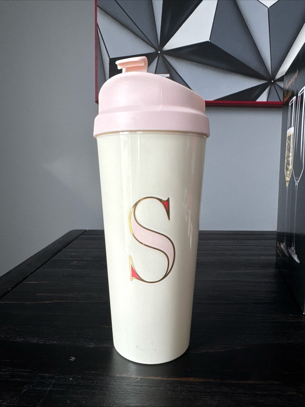 Kate Spade Cream & Pink Monogram travel Cup with Gold Accent - S